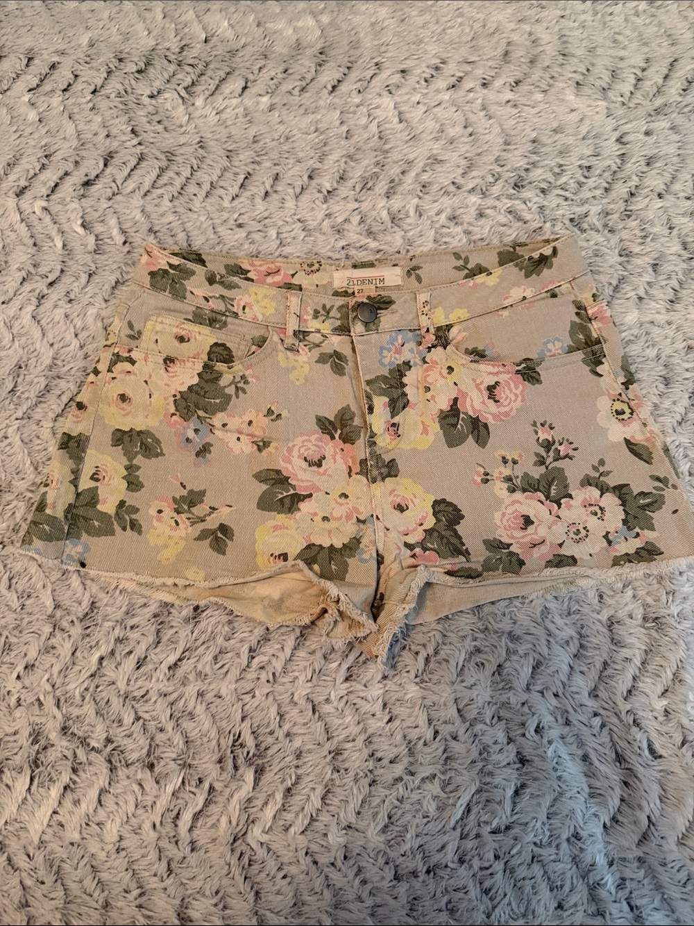 2.1 Denim Floral Jean Shorts — Beige Base with Pink, Yellow & Green Floral Print
